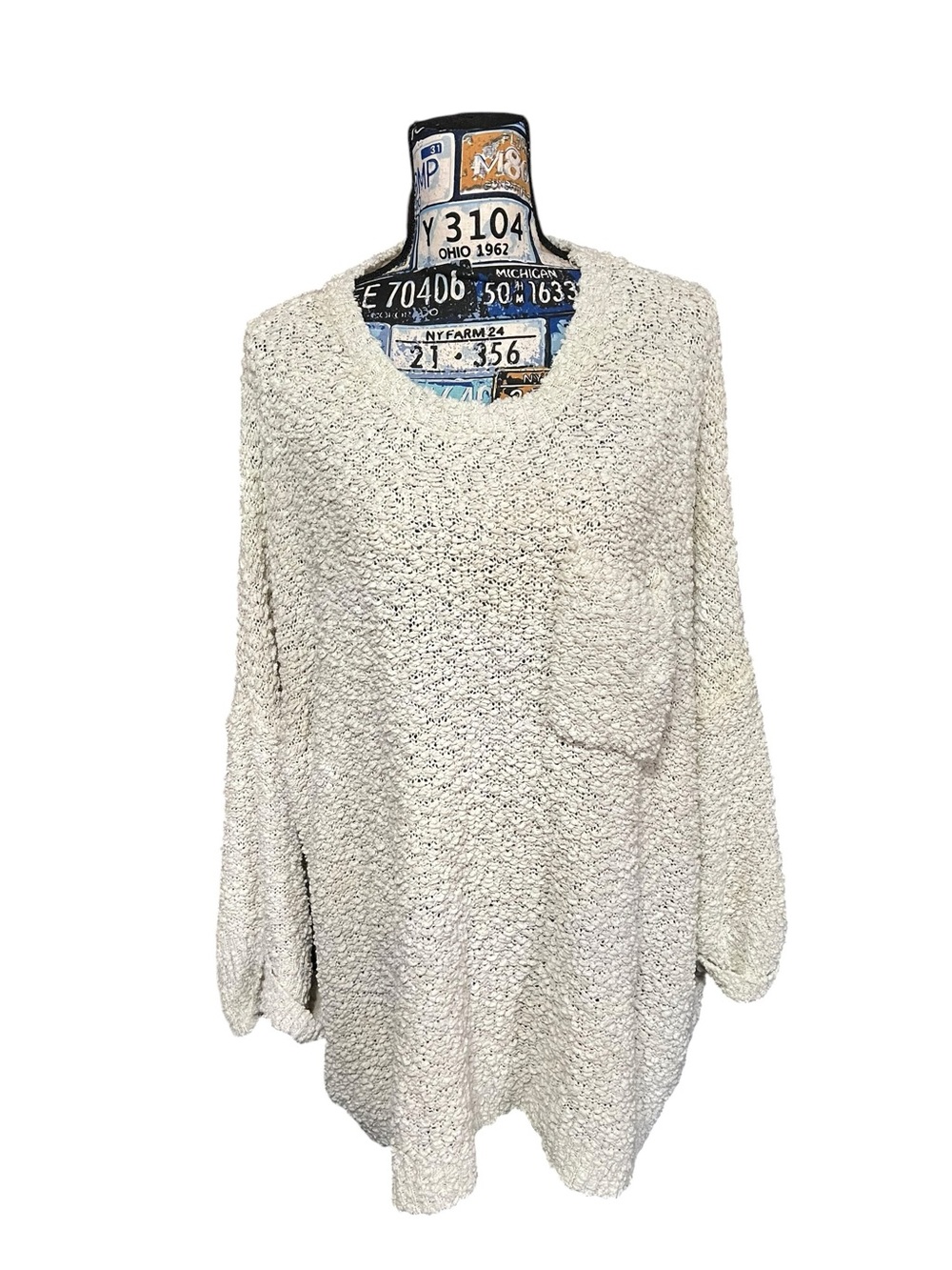 Oversize Cuff Sleeve Grandpa Core Librarian Boho Beige Sweater Chest Pocket Sz M